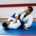 Two professional judokas, one male and one female, both wearing traditional white judogi, performing a controlled, safe judo throw on a blue tatami mat in a well-lit dojo. Their bodies are positioned with perfect anatomy and correct proportions, demonstrating a natural pose of mutual trust and seamless synergy. The scene captures the essence of partnership in martial arts, with focused expressions and respectful interaction. Well-formed hands and proper finger count are visible. The background shows blurred dojo elements. This image is safe for work, appropriate content, fully clothed, professional, and family-friendly. High-quality professional photography, natural lighting, sharp focus.