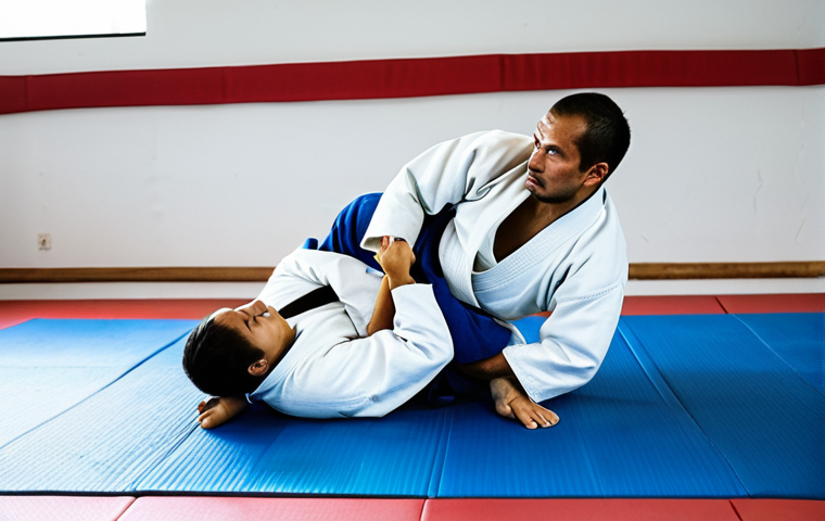 Two professional judokas, one male and one female, both wearing traditional white judogi, performing a controlled, safe judo throw on a blue tatami mat in a well-lit dojo. Their bodies are positioned with perfect anatomy and correct proportions, demonstrating a natural pose of mutual trust and seamless synergy. The scene captures the essence of partnership in martial arts, with focused expressions and respectful interaction. Well-formed hands and proper finger count are visible. The background shows blurred dojo elements. This image is safe for work, appropriate content, fully clothed, professional, and family-friendly. High-quality professional photography, natural lighting, sharp focus.