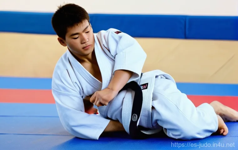 유도 훈련 시 주의사항 - A determined female judoka, in her early 30s, with a strong athletic build and dark hair tied neatly...