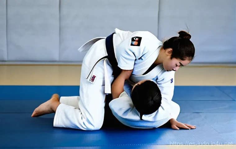 유도 훈련 시 주의사항 - Two judokas, an experienced male instructor in his 40s and a young male student in his late teens, a...