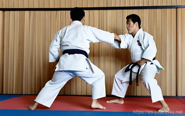 유도 발 기술의 종류 - The Essence of Unbalancing (Kuzushi) in Ashi Waza**
"Two male judokas, both wearing crisp, well-fitt...