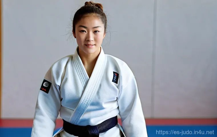 유도와 운동 후 스트레칭 - **Prompt:** "A powerful female judoka, sweat glistening on her forehead, stands triumphantly just of...