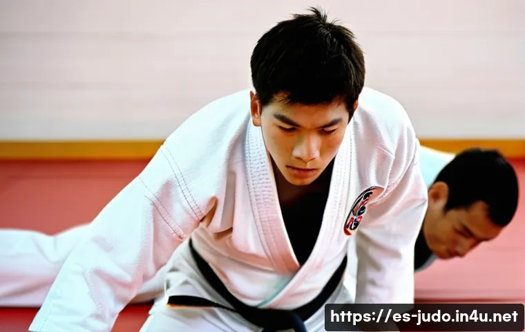 유도와 친구들과의 훈련 - **Prompt:** A dynamic close-up image of two male judoka friends in their early twenties, both wearin...