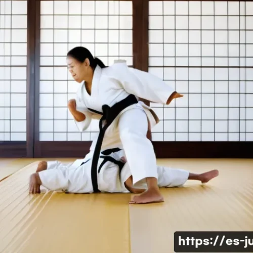 유도와 체중 감량 후기 - A dynamic scene of two athletic adults practicing judo in a bright, modern dojo with wooden floors a...