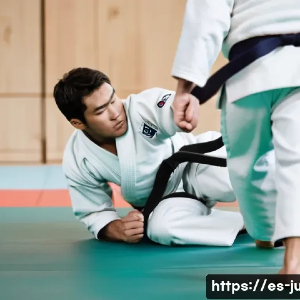 유도 훈련 성과 분석 방법 - A focused scene of a male judoka in a traditional white judogi performing a precise grip technique o...