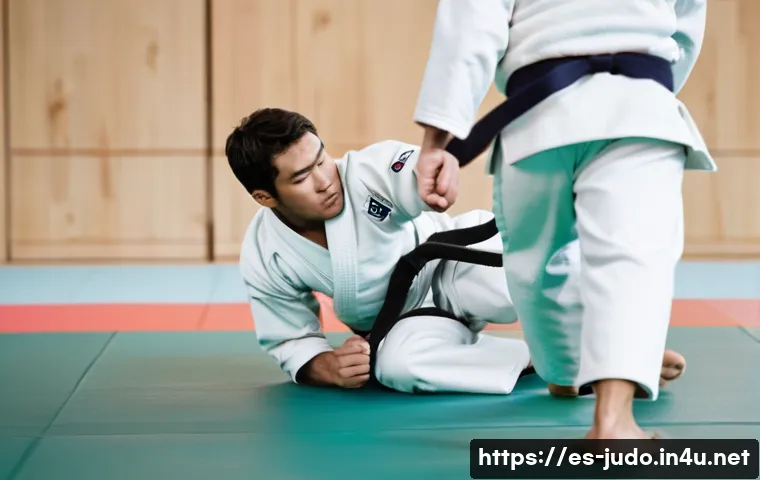 유도 훈련 성과 분석 방법 - A focused scene of a male judoka in a traditional white judogi performing a precise grip technique o...