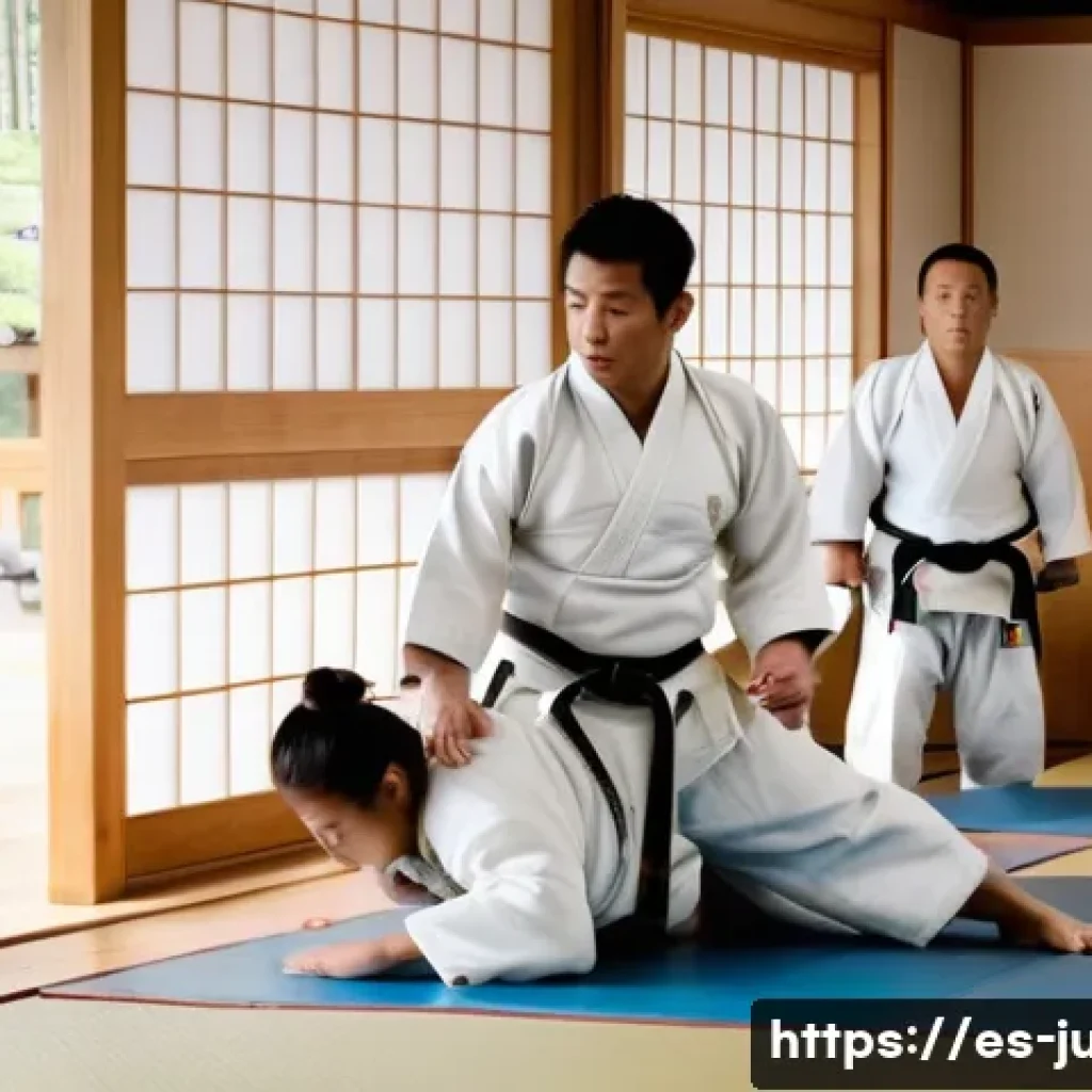 유도 역사와 유래 - A dynamic scene inside a traditional Japanese dojo featuring a diverse group of judokas practicing j...