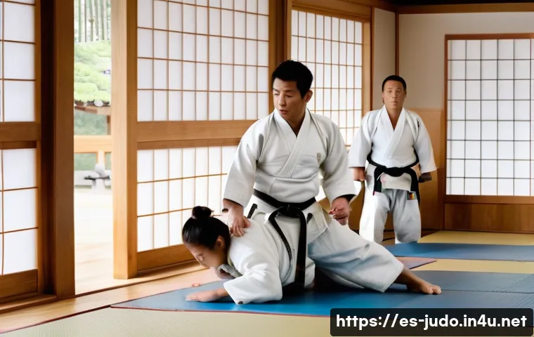 유도 역사와 유래 - A dynamic scene inside a traditional Japanese dojo featuring a diverse group of judokas practicing j...