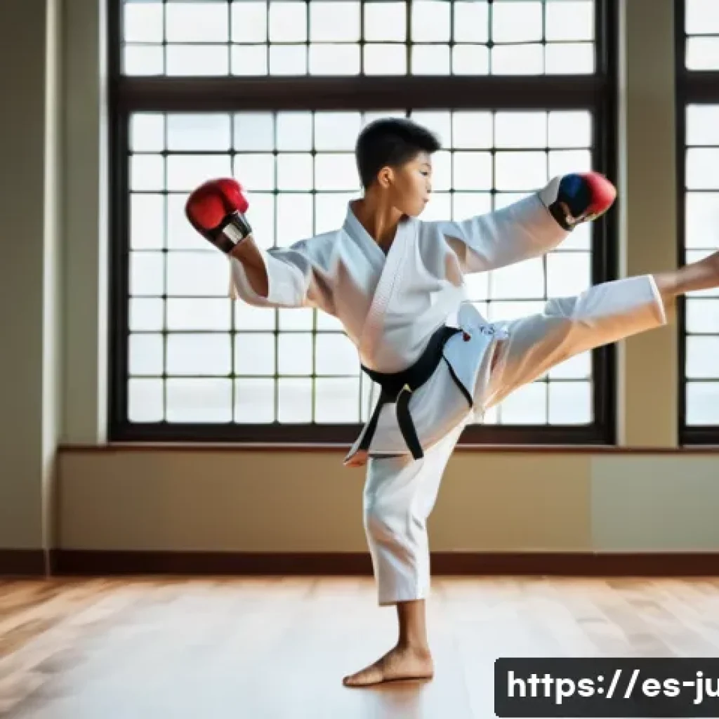 유도 체중 이동의 중요성 - A dynamic scene of a young male taekwondo practitioner in mid-action, wearing appropriate martial ar...