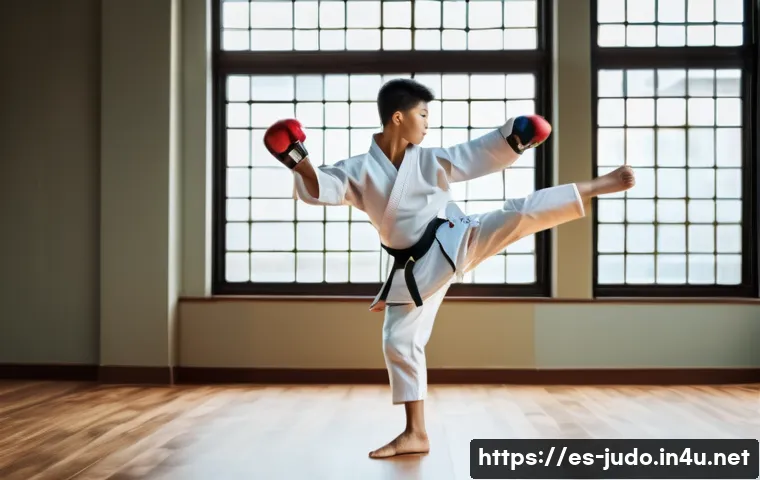 유도 체중 이동의 중요성 - A dynamic scene of a young male taekwondo practitioner in mid-action, wearing appropriate martial ar...