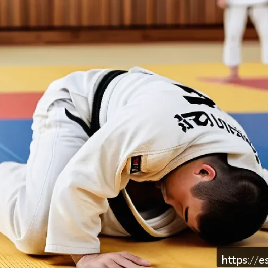유도 수련의 정신적 이점 - A focused young adult male judoka in a traditional white gi with a black belt practicing intense ran...