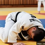 유도 수련의 정신적 이점 - A focused young adult male judoka in a traditional white gi with a black belt practicing intense ran...