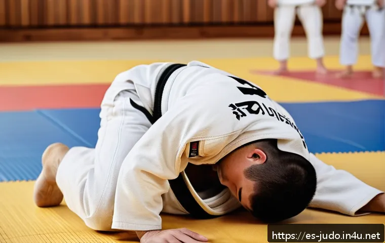 유도 수련의 정신적 이점 - A focused young adult male judoka in a traditional white gi with a black belt practicing intense ran...