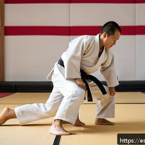 유도 태어나게 연습하는 법 - A dynamic scene inside a bright, clean dojo where a diverse group of adult judokas, wearing properly...