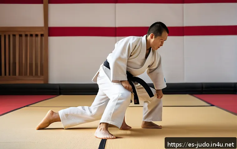 유도 태어나게 연습하는 법 - A dynamic scene inside a bright, clean dojo where a diverse group of adult judokas, wearing properly...