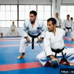 유도 훈련 프로그램 추천 - A dynamic judo training scene featuring a male judoka wearing a white judogi with a black belt, perf...