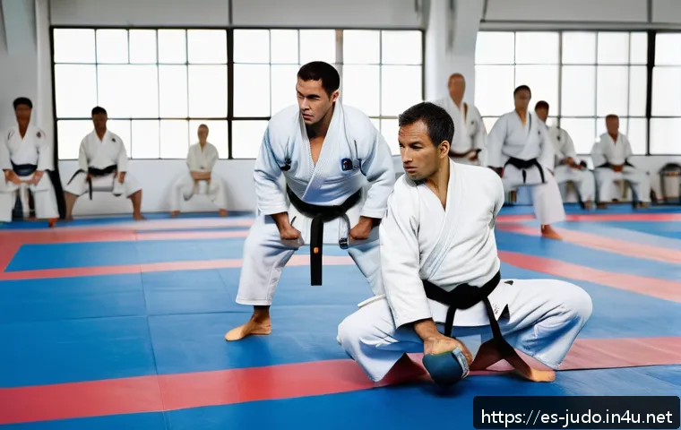 유도 훈련 프로그램 추천 - A dynamic judo training scene featuring a male judoka wearing a white judogi with a black belt, perf...