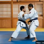 유도 스파링 규칙 - A dynamic judo sparring scene in a well-lit dojo with two adult judokas wearing traditional white ju...