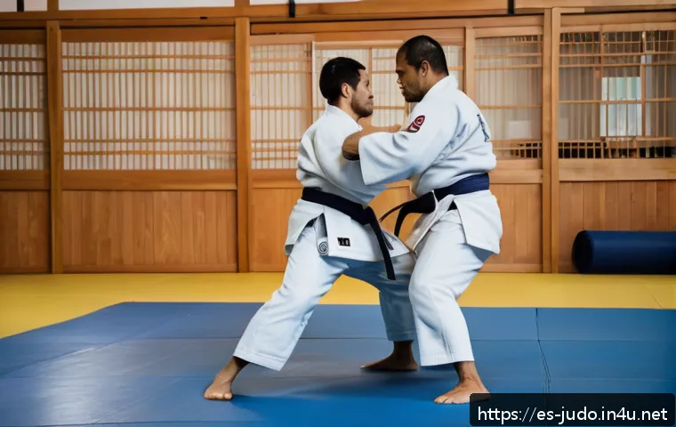 유도 스파링 규칙 - A dynamic judo sparring scene in a well-lit dojo with two adult judokas wearing traditional white ju...
