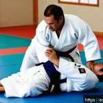 유도 부상의 원인과 치료 - A detailed scene of two adult judokas practicing a proper ukemi fall on a clean, well-maintained tat...