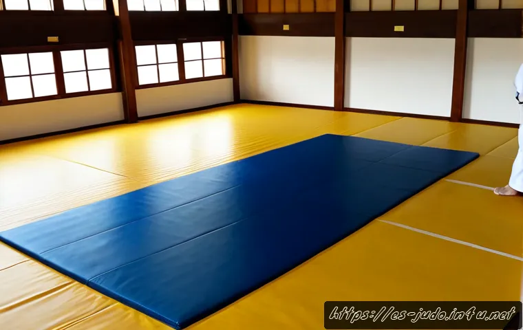 유도 매트 설치 가이드 - Photorealistic wide-angle view of a bright community judo dojo in Spain during mat installation, two...