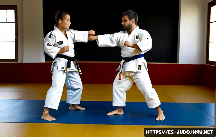 유도 고급 기술 설명 - Photorealistic judo dojo scene in Spain, two adult athletes in clean white judogi with colored belts...