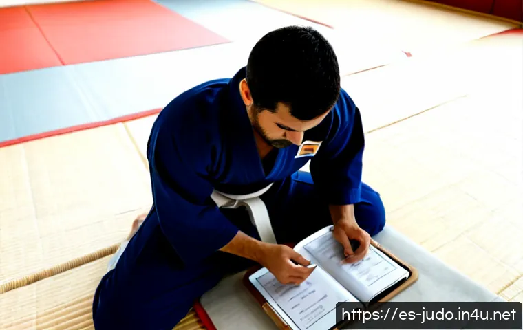 유도 훈련 로그 앱 추천 - Photorealistic overhead view of a Spanish judo athlete in a clean modern dojo, seated beside tatami ...