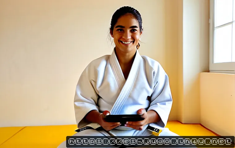 유도 강의에 대한 고객 후기 - Photorealistic Spanish-speaking adult student in a clean judo dojo, sitting at a simple desk after a...